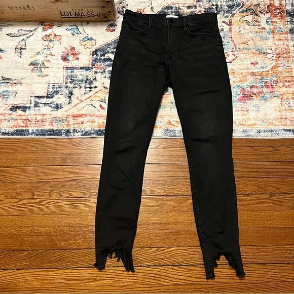 FRAME Denim Black Le High Skinny Chewed Hem Distressed Skinny Ankle Jeans - Picture 2 of 7